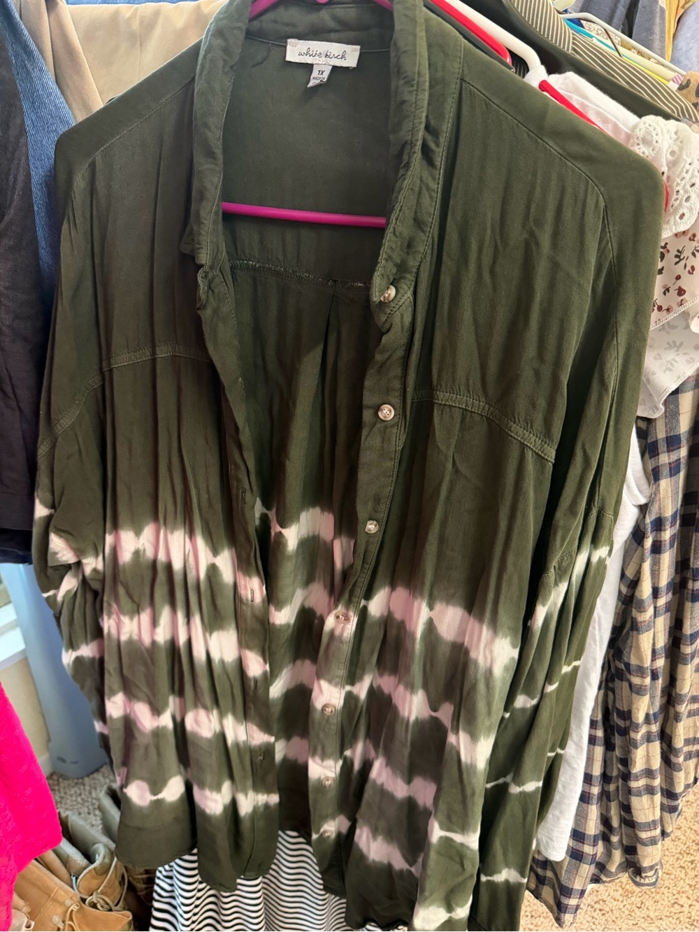 white birch Olive Green and Blush Tie-Dye Button-Down Top
